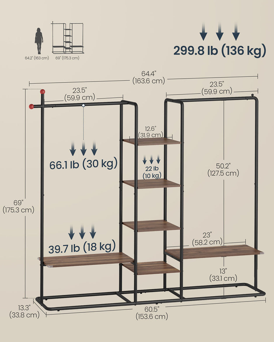 Clothes Rack – Wood – Natural Walnut and Ink Black – Heavy-Duty with 6 Shelves and 2 Hanging Rails