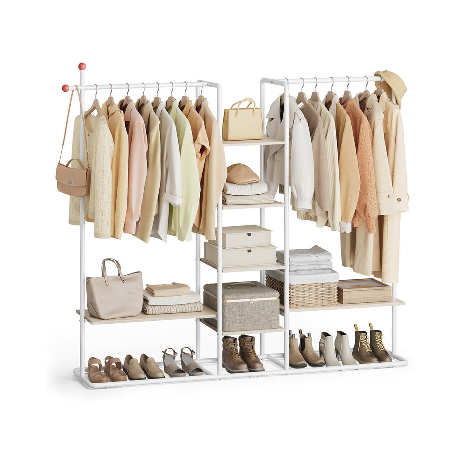 Clothes Rail – Metal and Wood – Natural Beige and Matte White – 6 Shelves, 2 Hanging Rails