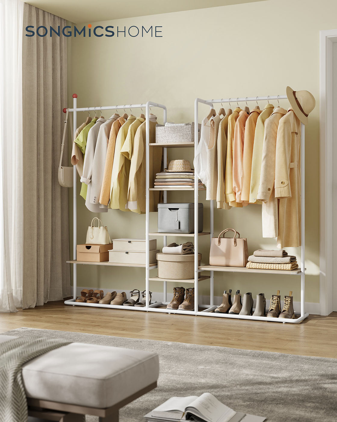 Clothes Rail – Metal and Wood – Natural Beige and Matte White – 6 Shelves, 2 Hanging Rails