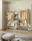 Clothes Rail – Metal and Wood – Natural Beige and Matte White – 6 Shelves, 2 Hanging Rails
