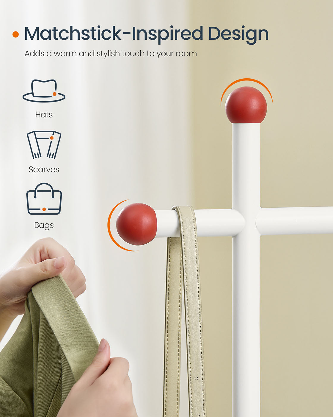 Clothes Rail – Metal and Wood – Natural Beige and Matte White – 6 Shelves, 2 Hanging Rails