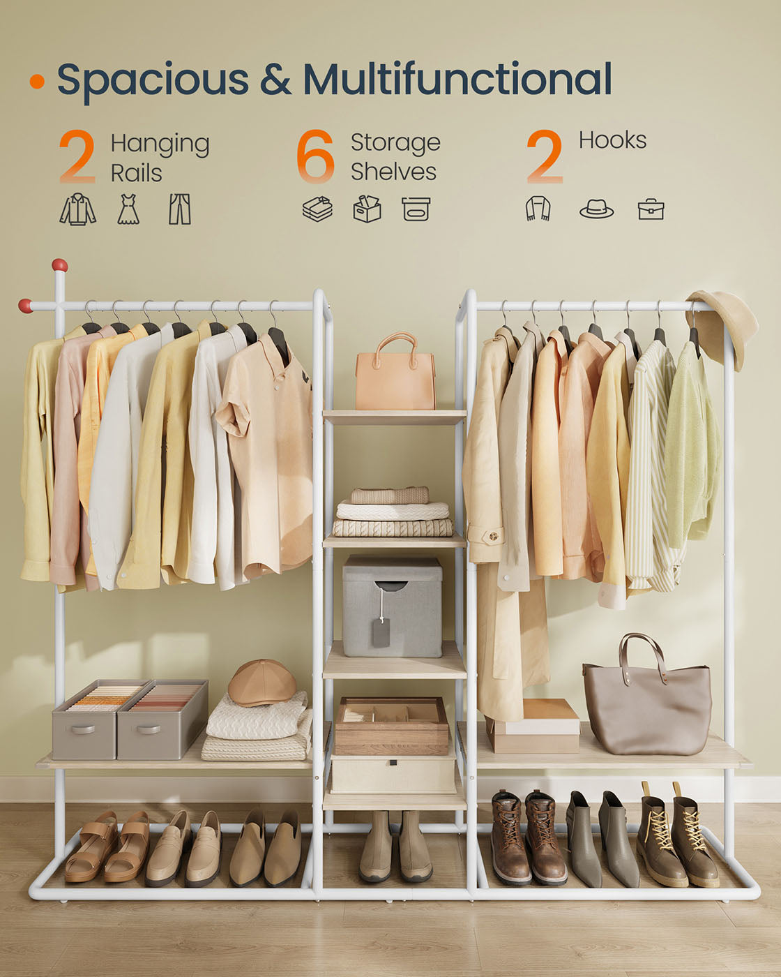 Clothes Rail – Metal and Wood – Natural Beige and Matte White – 6 Shelves, 2 Hanging Rails