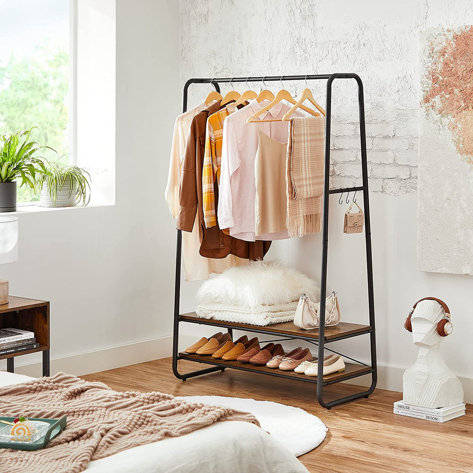 Heavy-Duty Clothes Rack – Steel – Rustic Brown and Black – Includes Shelves and S-Hooks