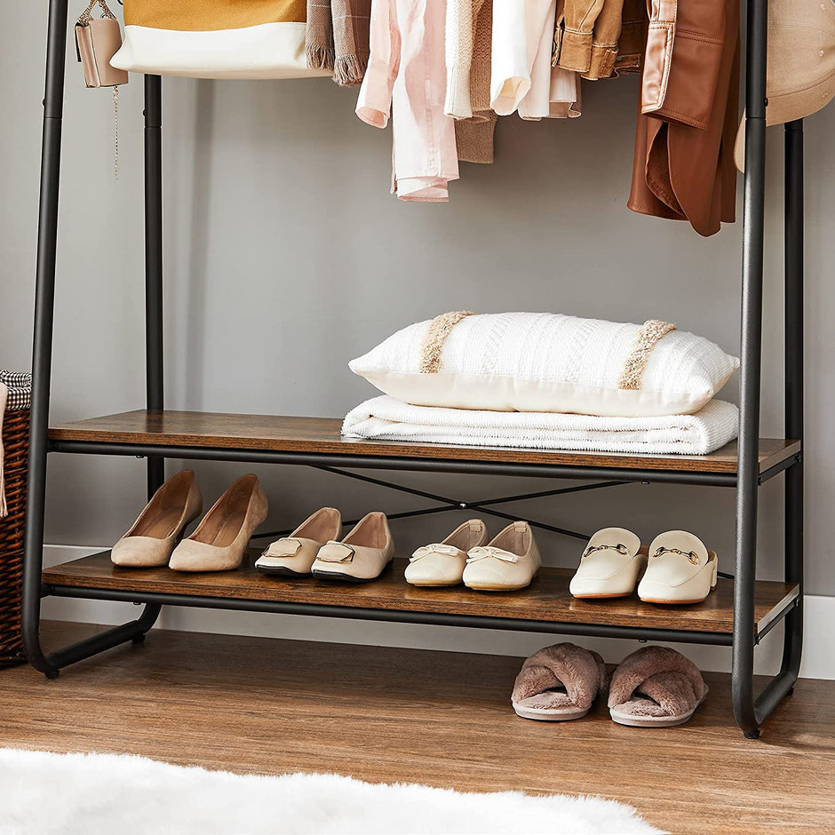 Heavy-Duty Clothes Rack – Steel – Rustic Brown and Black – Includes Shelves and S-Hooks