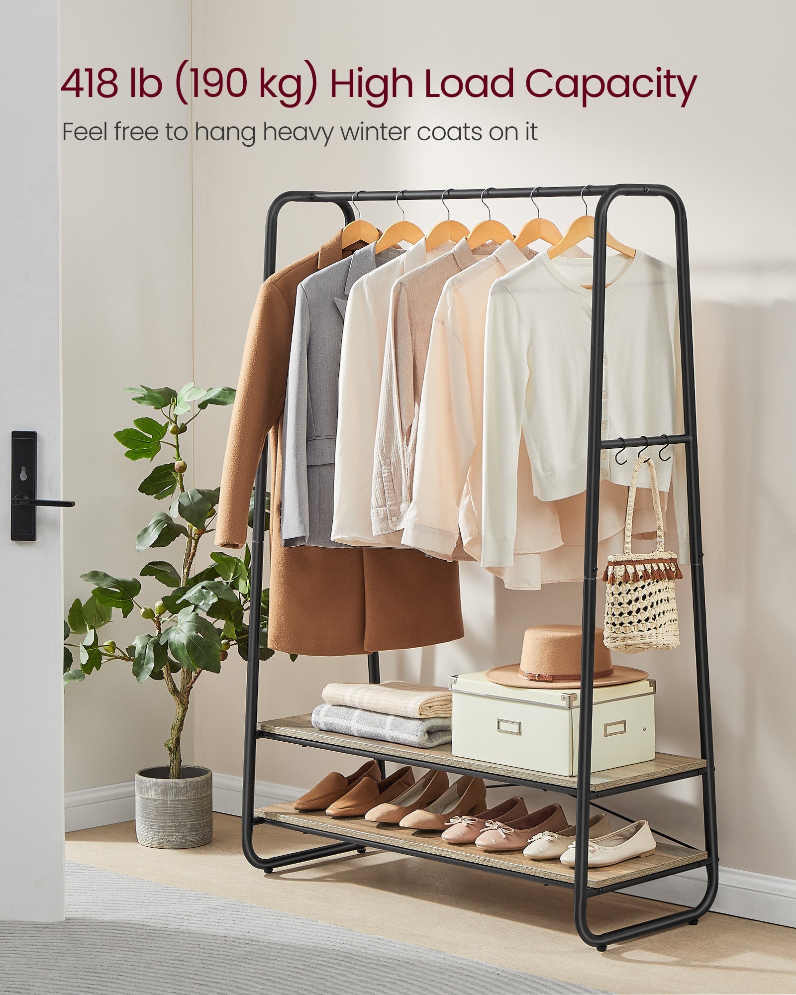 Clothes Rack – Steel – Turquoise Brown and Matte Black – Heavy-Duty with 2 Shelves and 6 S-Hooks