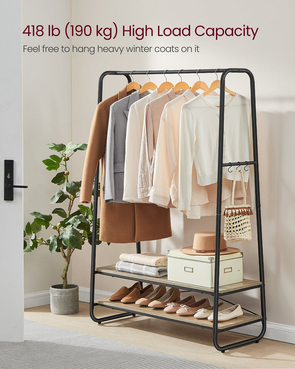 Clothes Rack – Steel – Turquoise Brown and Matte Black – Heavy-Duty with 2 Shelves and 6 S-Hooks