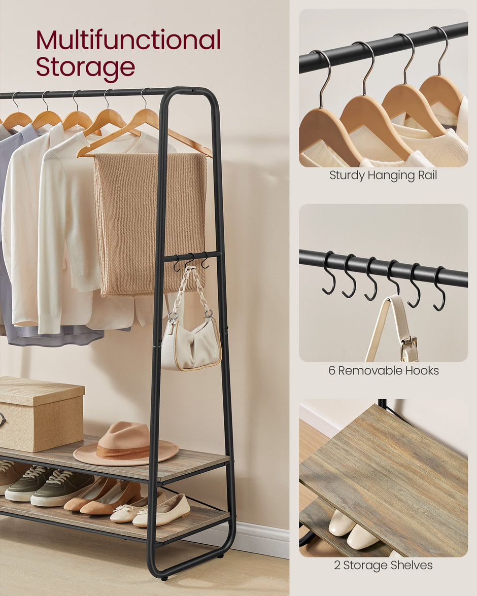 Clothes Rack – Steel – Turquoise Brown and Matte Black – Heavy-Duty with 2 Shelves and 6 S-Hooks