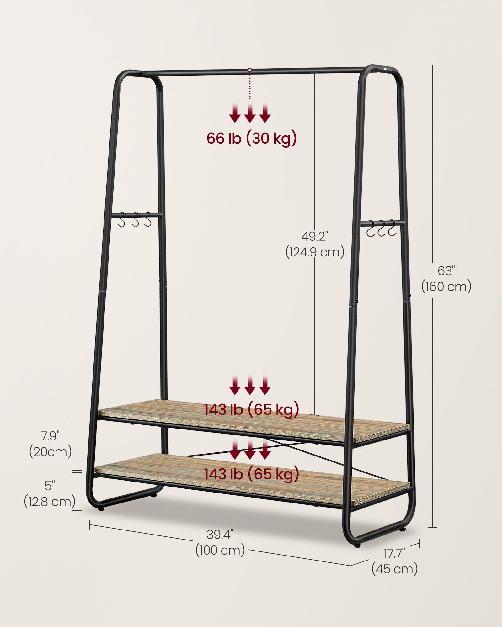 Clothes Rack – Steel – Turquoise Brown and Matte Black – Heavy-Duty with 2 Shelves and 6 S-Hooks