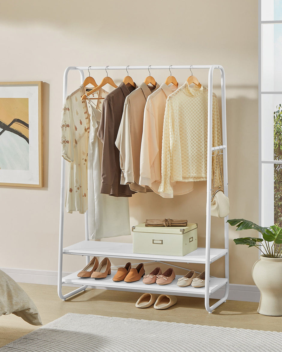 Clothes Rail – Steel – Cloud White and Matte White – Heavy-Duty with 2 Shelves and 6 S-Hooks