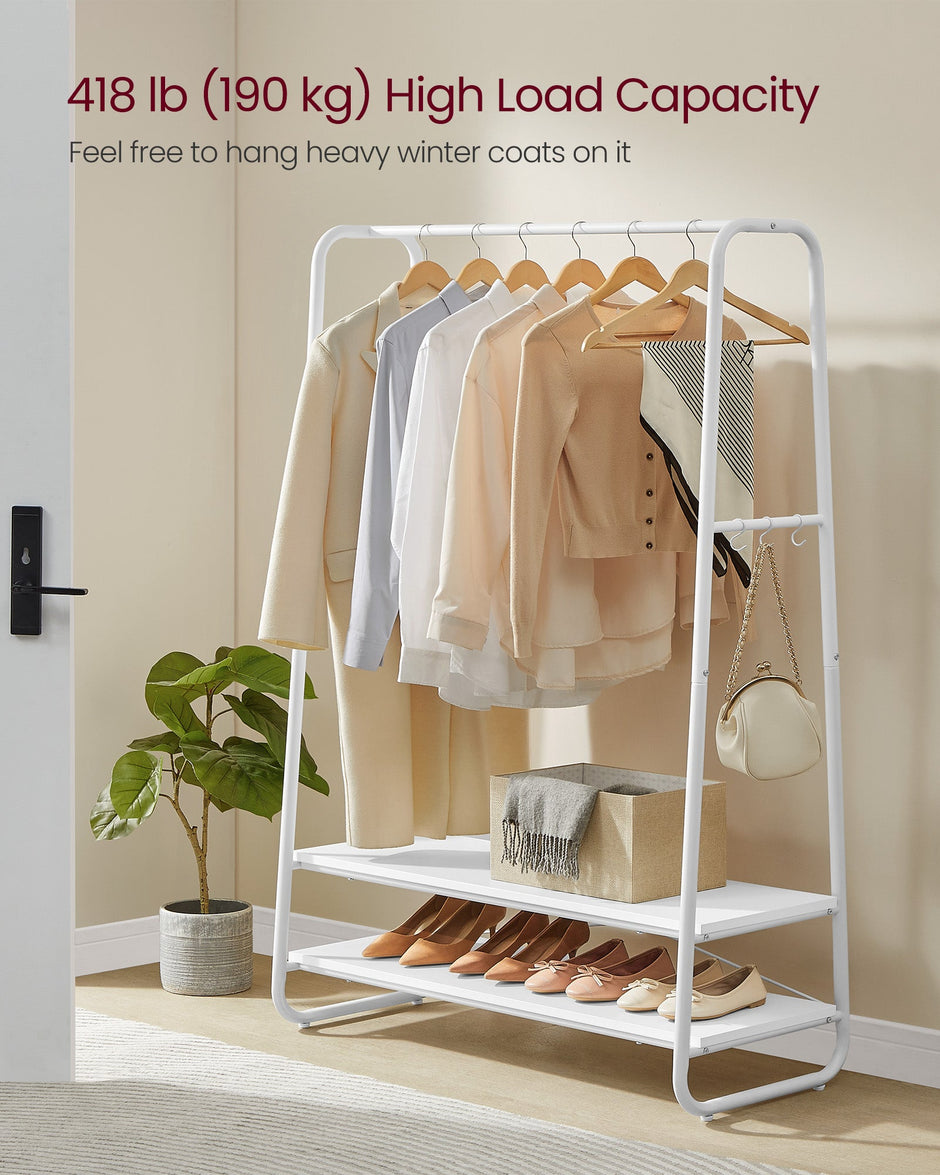 Clothes Rail – Steel – Cloud White and Matte White – Heavy-Duty with 2 Shelves and 6 S-Hooks