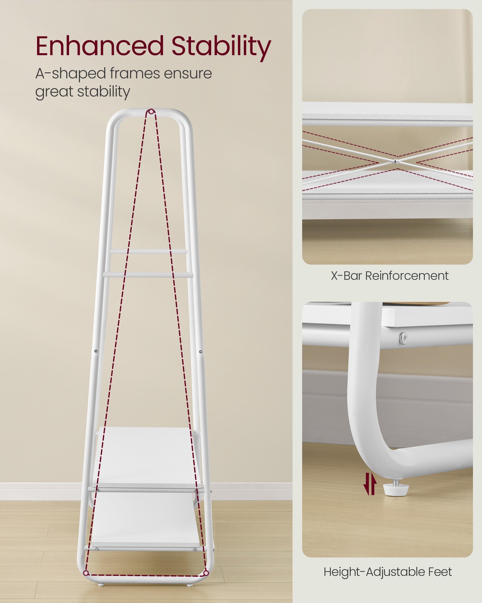 Clothes Rail – Steel – Cloud White and Matte White – Heavy-Duty with 2 Shelves and 6 S-Hooks