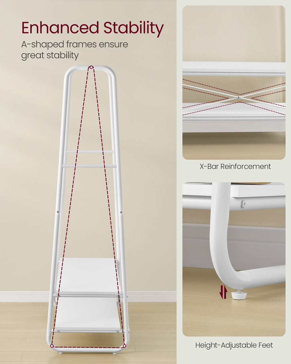 Clothes Rail – Steel – Cloud White and Matte White – Heavy-Duty with 2 Shelves and 6 S-Hooks