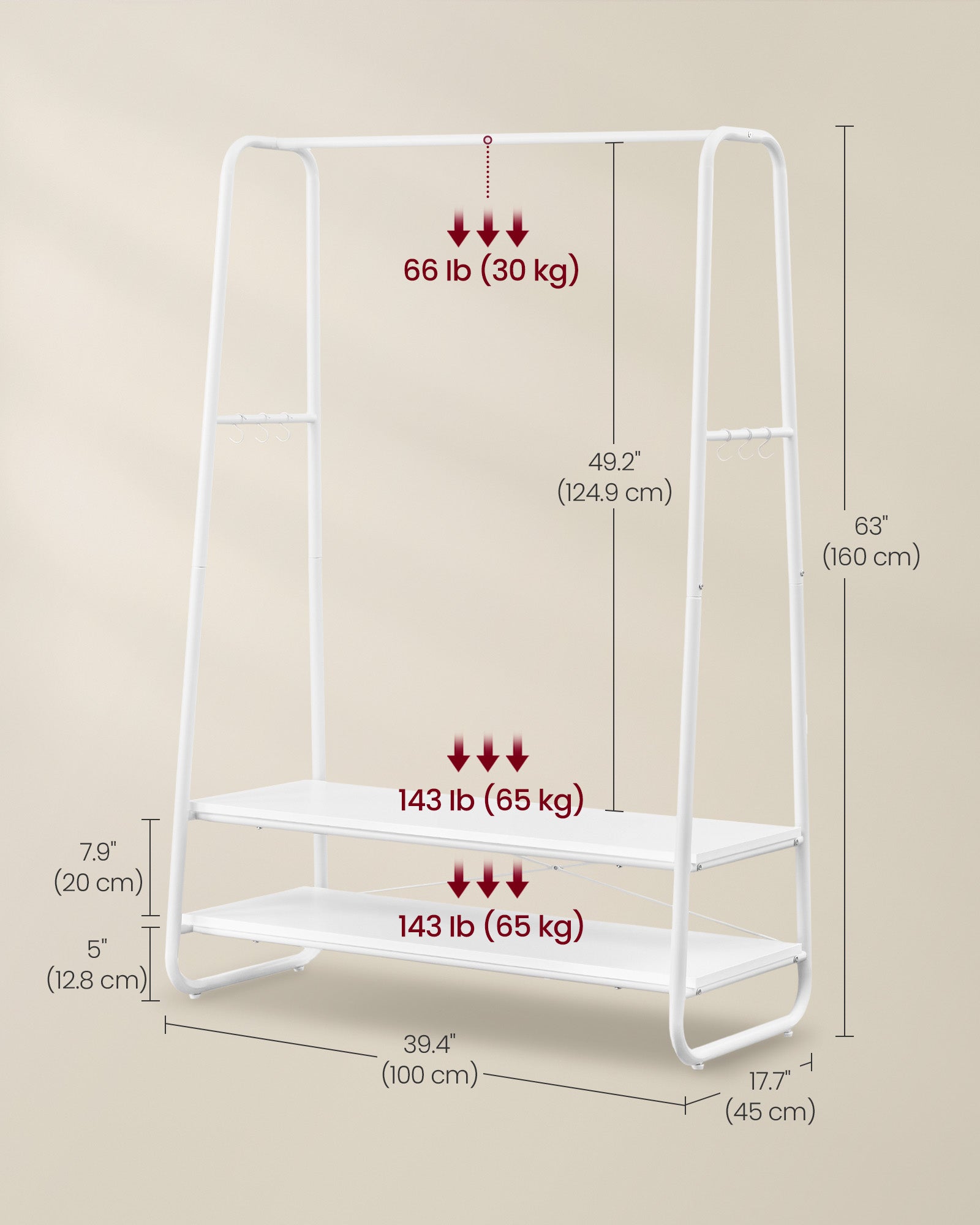 Clothes Rail – Steel – Cloud White and Matte White – Heavy-Duty with 2 Shelves and 6 S-Hooks