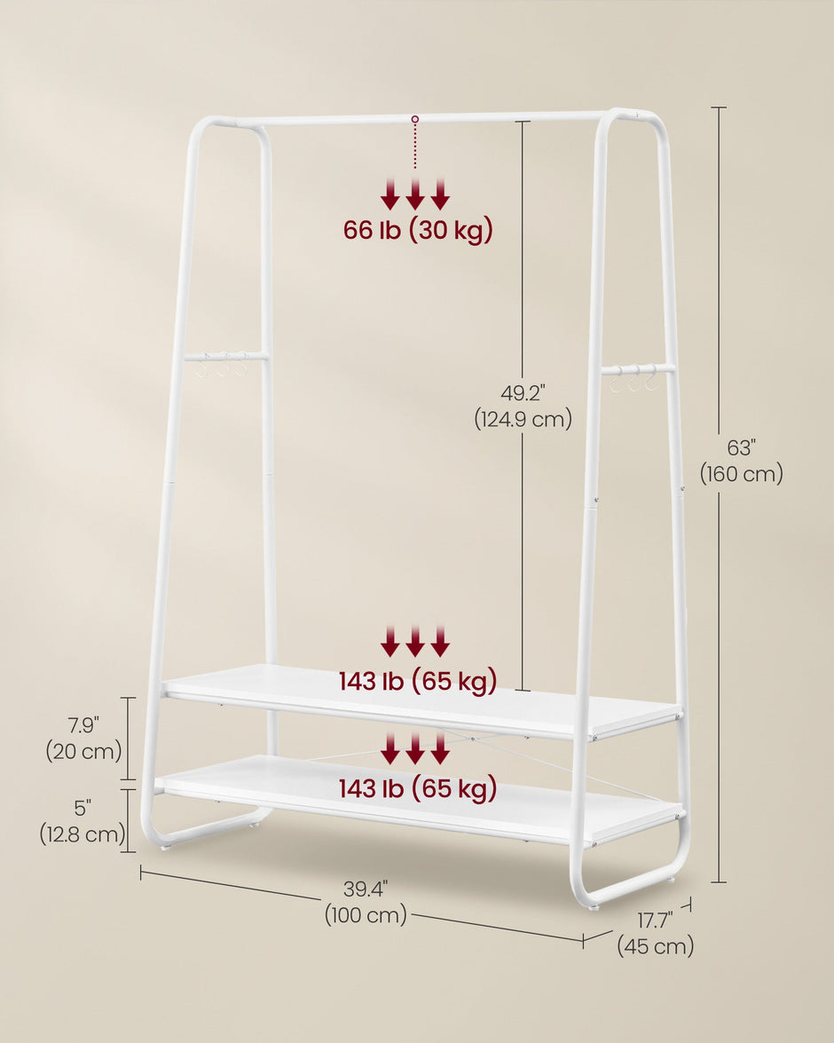 Clothes Rail – Steel – Cloud White and Matte White – Heavy-Duty with 2 Shelves and 6 S-Hooks