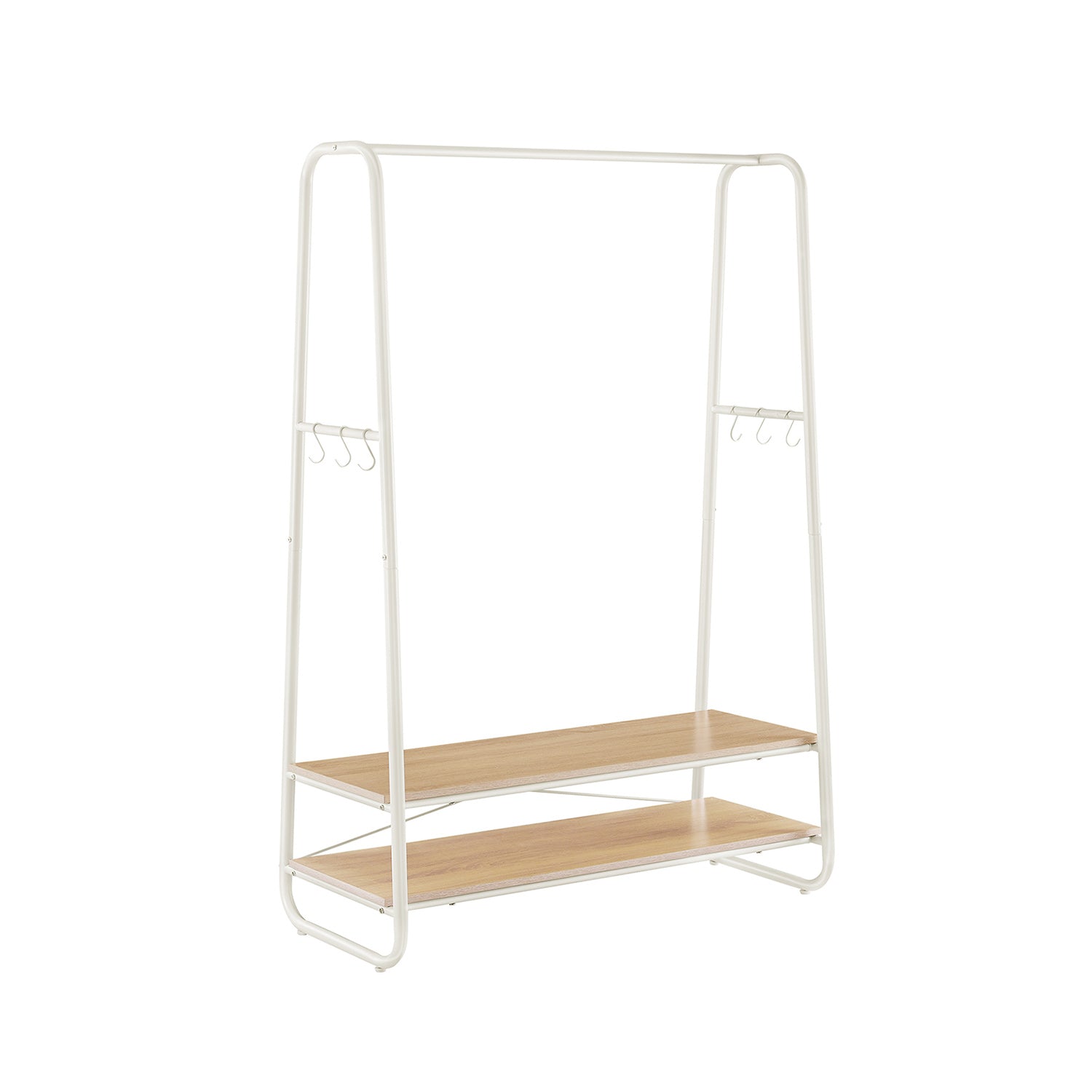 Clothes Rail – Steel and Wood – Oak Beige and Cream White – Heavy-Duty with 2 Shelves and 6 S-Hooks