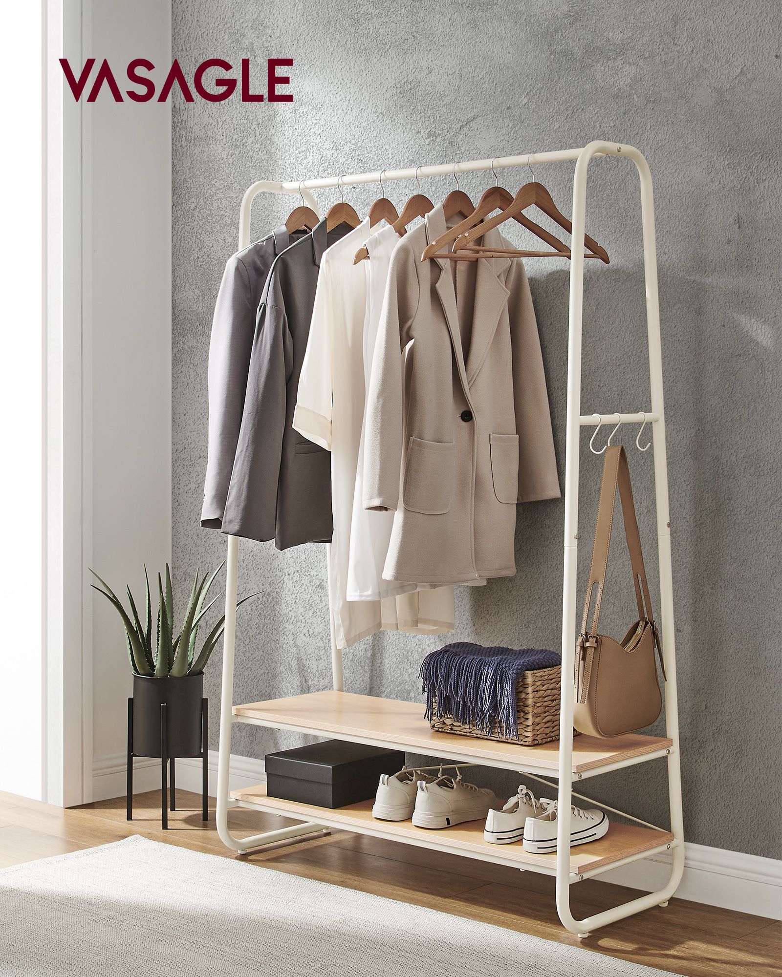 Clothes Rail – Steel and Wood – Oak Beige and Cream White – Heavy-Duty with 2 Shelves and 6 S-Hooks
