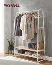 Clothes Rail – Steel and Wood – Oak Beige and Cream White – Heavy-Duty with 2 Shelves and 6 S-Hooks