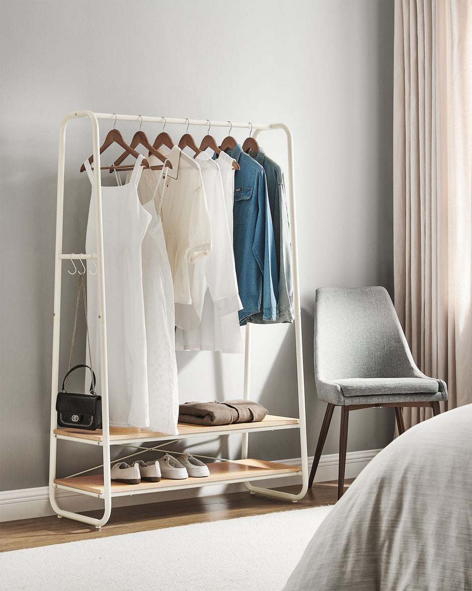 Clothes Rail – Steel and Wood – Oak Beige and Cream White – Heavy-Duty with 2 Shelves and 6 S-Hooks