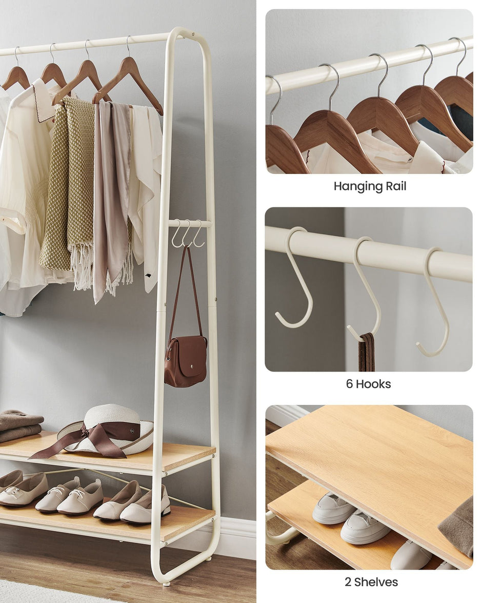 Clothes Rail – Steel and Wood – Oak Beige and Cream White – Heavy-Duty with 2 Shelves and 6 S-Hooks