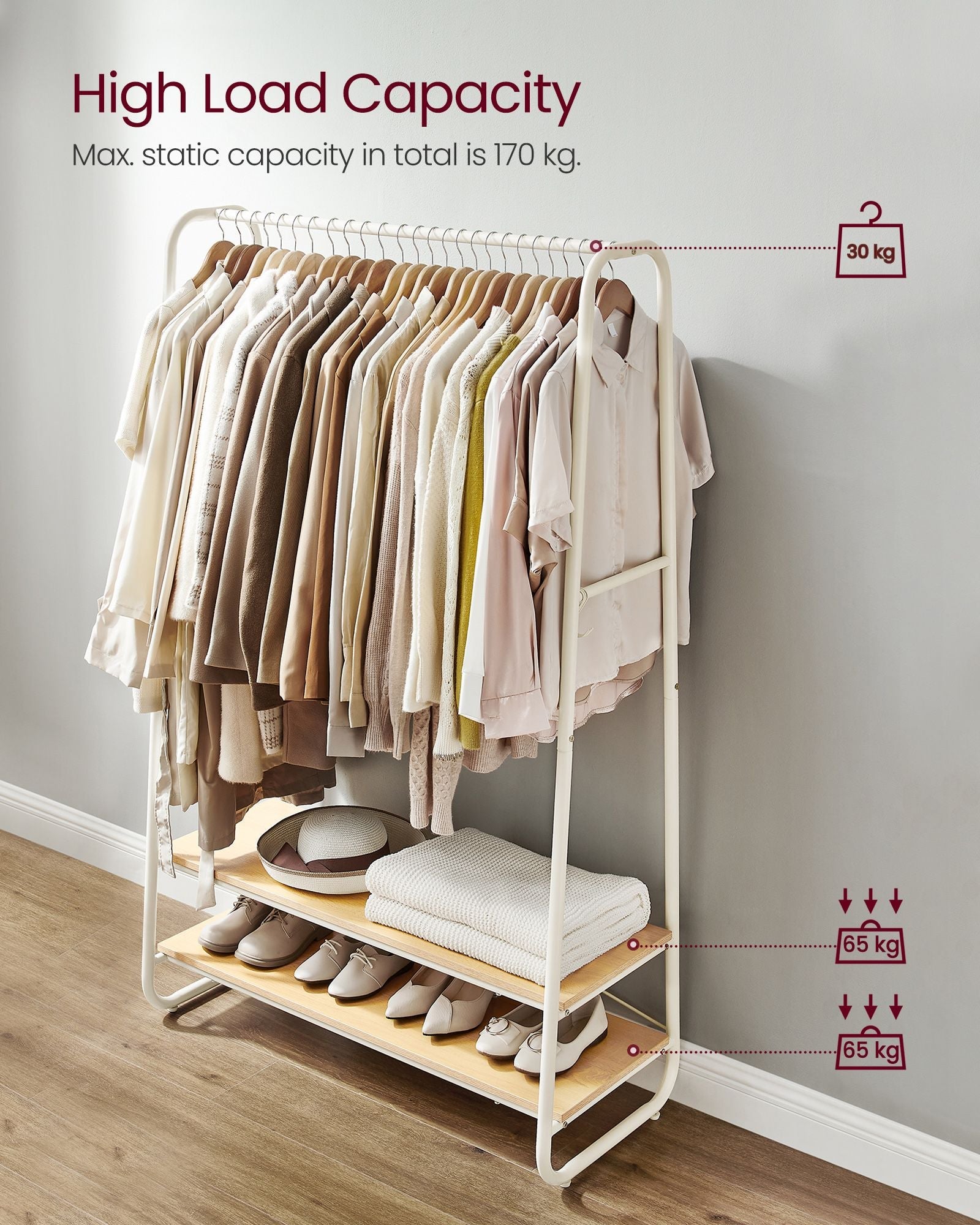Clothes Rail – Steel and Wood – Oak Beige and Cream White – Heavy-Duty with 2 Shelves and 6 S-Hooks