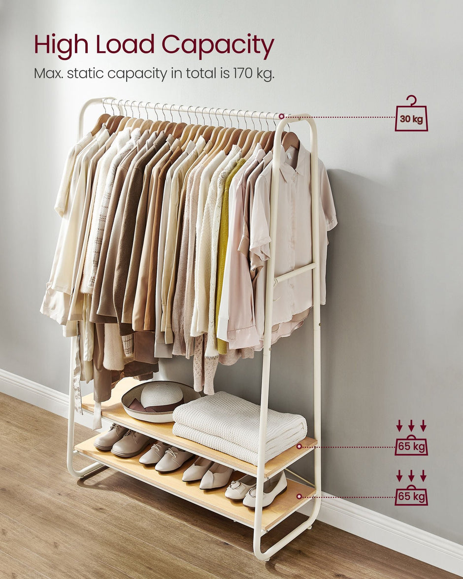 Clothes Rail – Steel and Wood – Oak Beige and Cream White – Heavy-Duty with 2 Shelves and 6 S-Hooks