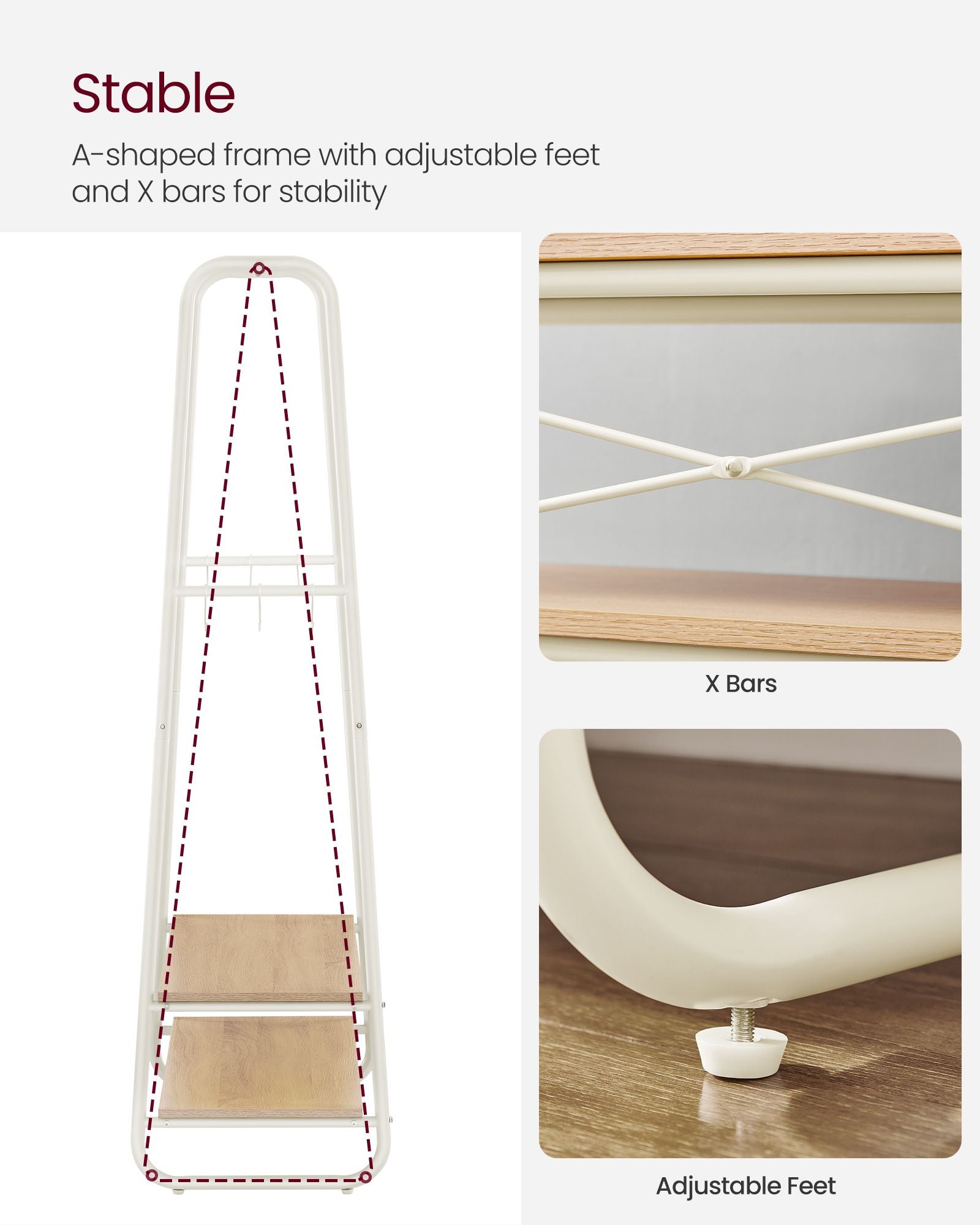 Clothes Rail – Steel and Wood – Oak Beige and Cream White – Heavy-Duty with 2 Shelves and 6 S-Hooks