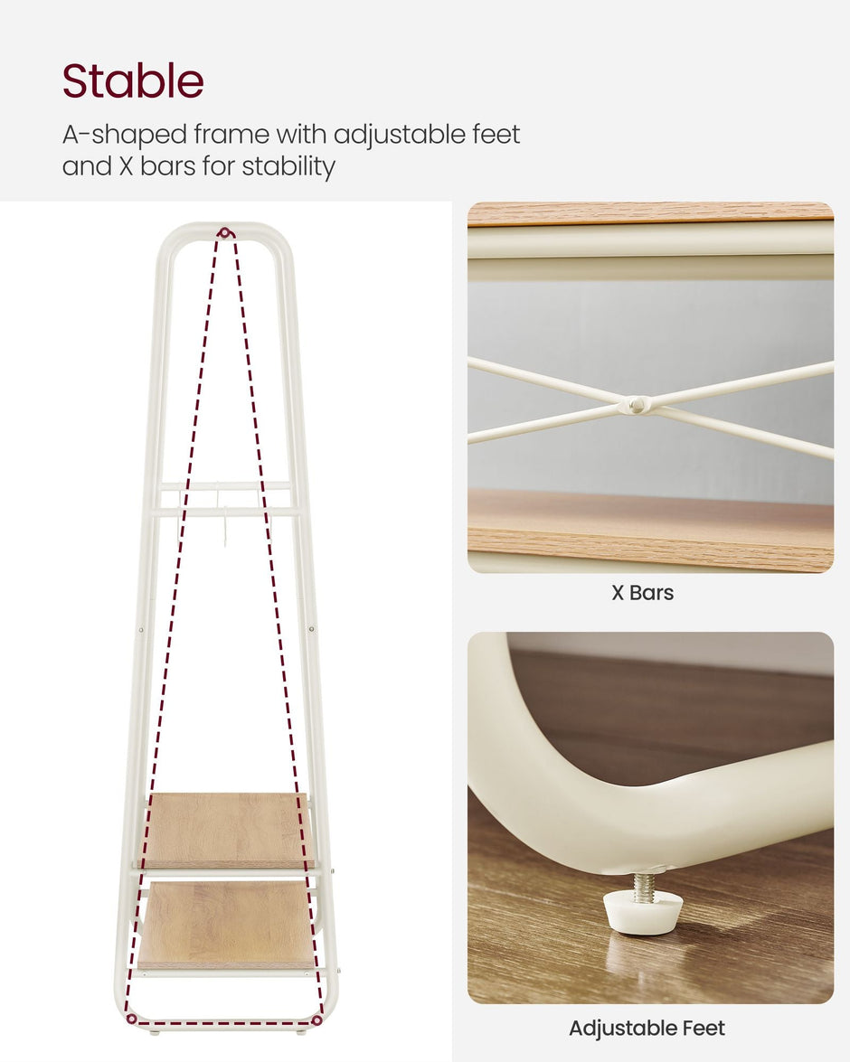Clothes Rail – Steel and Wood – Oak Beige and Cream White – Heavy-Duty with 2 Shelves and 6 S-Hooks
