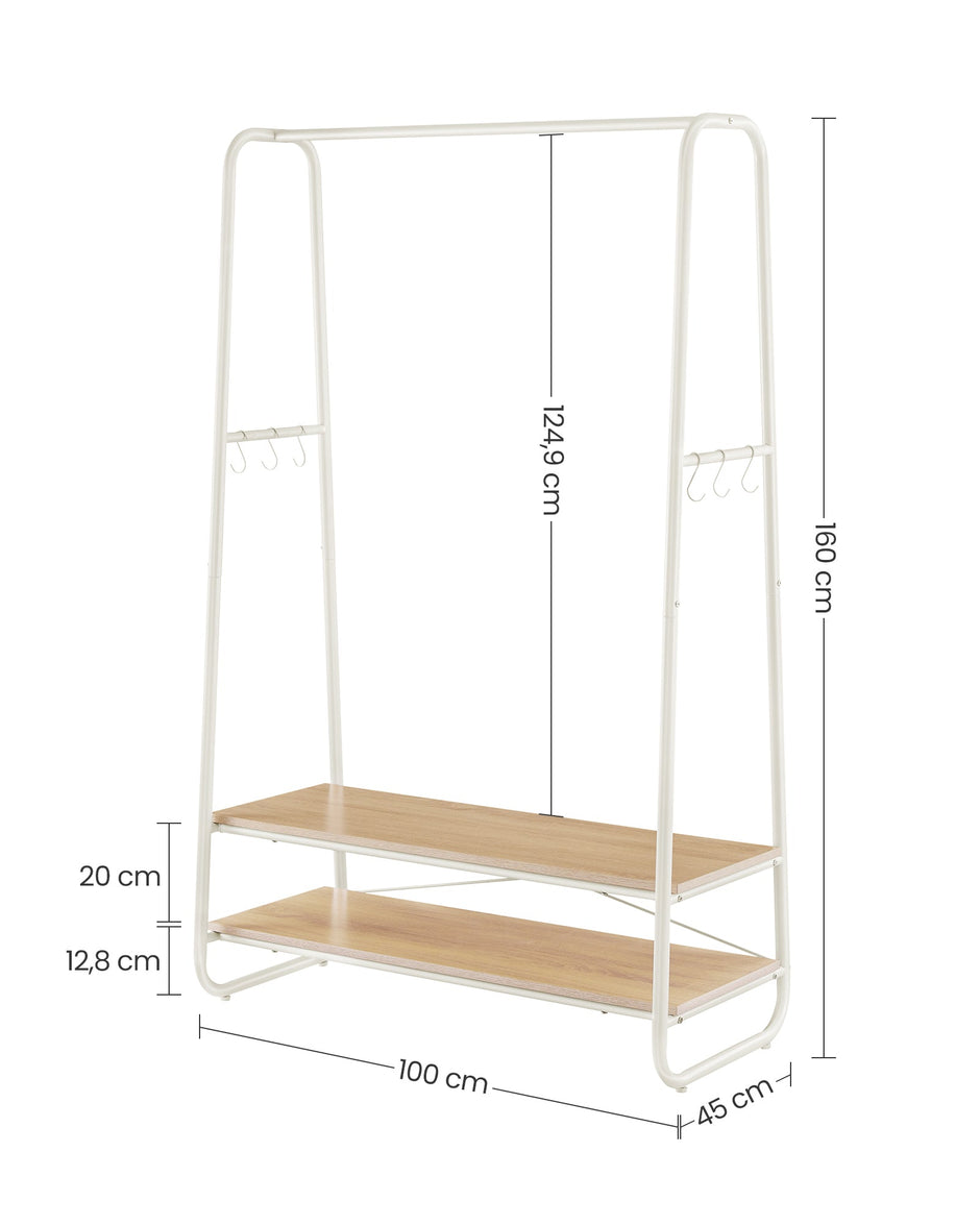 Clothes Rail – Steel and Wood – Oak Beige and Cream White – Heavy-Duty with 2 Shelves and 6 S-Hooks