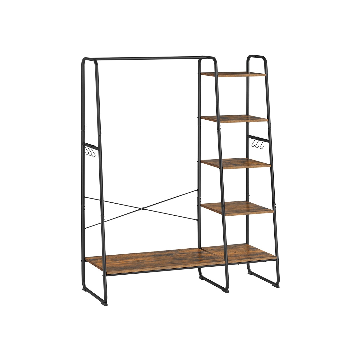 Clothes Rail – Metal and Wood – Rustic Brown and Ink Black – 5-Tier Storage with Shoe Rack and Side Hooks