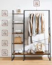 Clothes Rail – Metal and Wood – Rustic Brown and Ink Black – 5-Tier Storage with Shoe Rack and Side Hooks