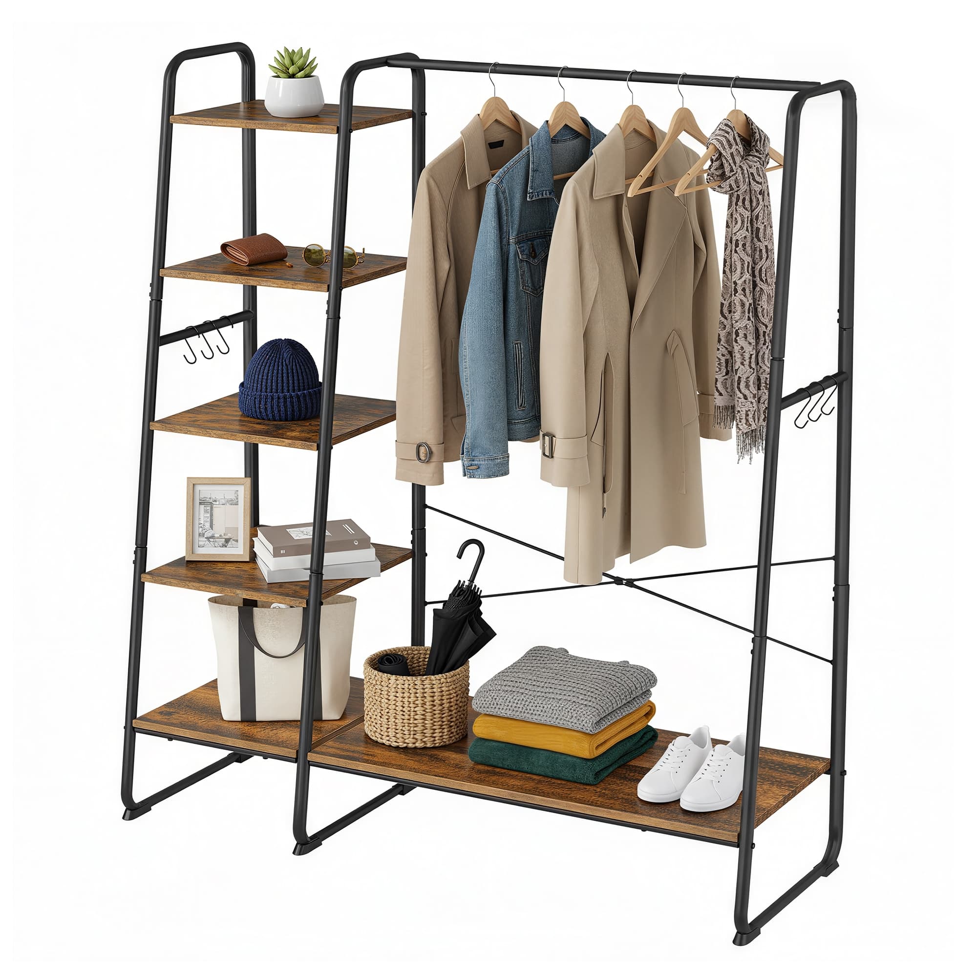 Garment Rack – Metal and Wood – Brown and Black – 5-Tier Shelves and 6 Hooks