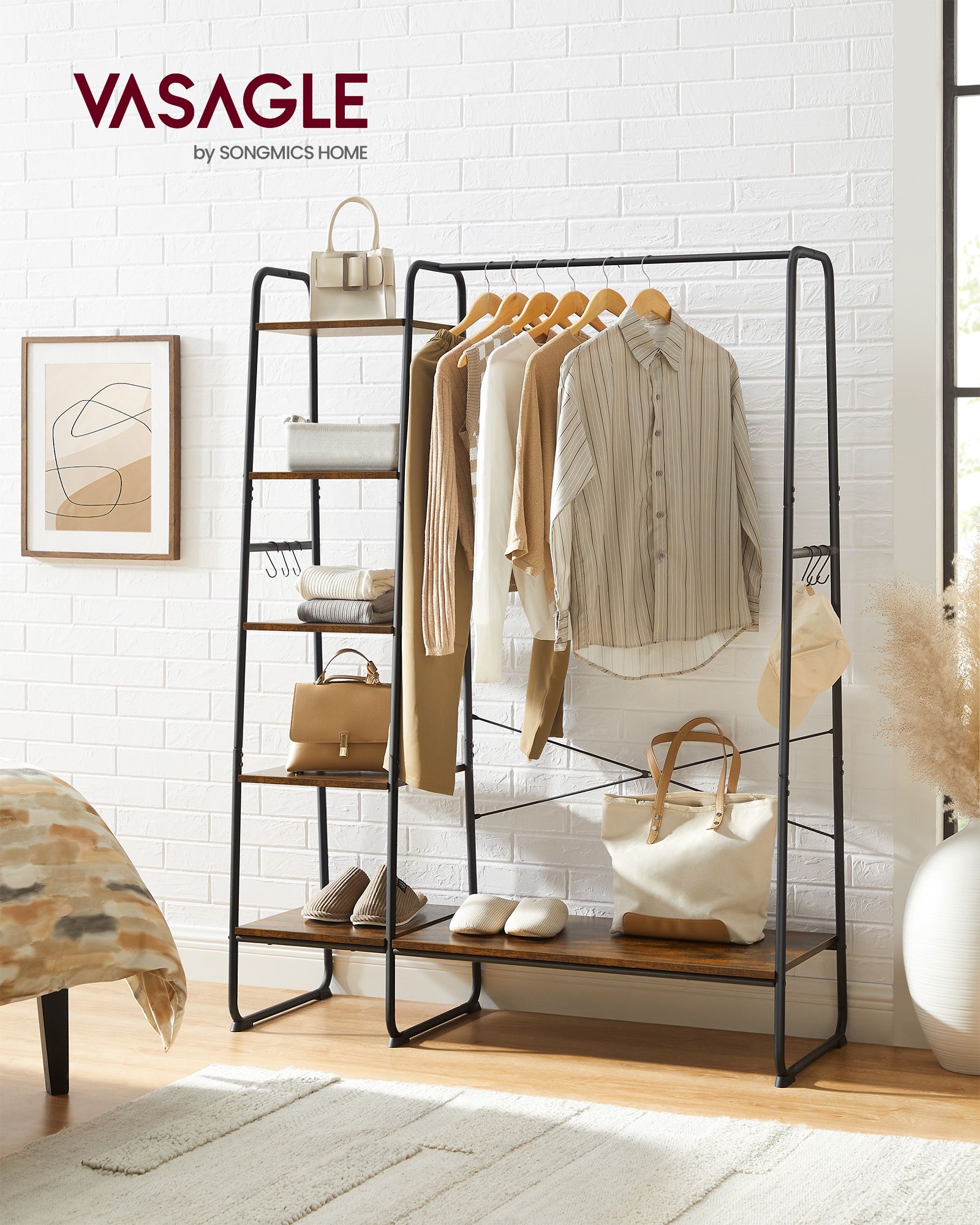 Clothes Rail – Metal and Wood – Rustic Brown and Ink Black – 5-Tier Storage with Shoe Rack and Side Hooks