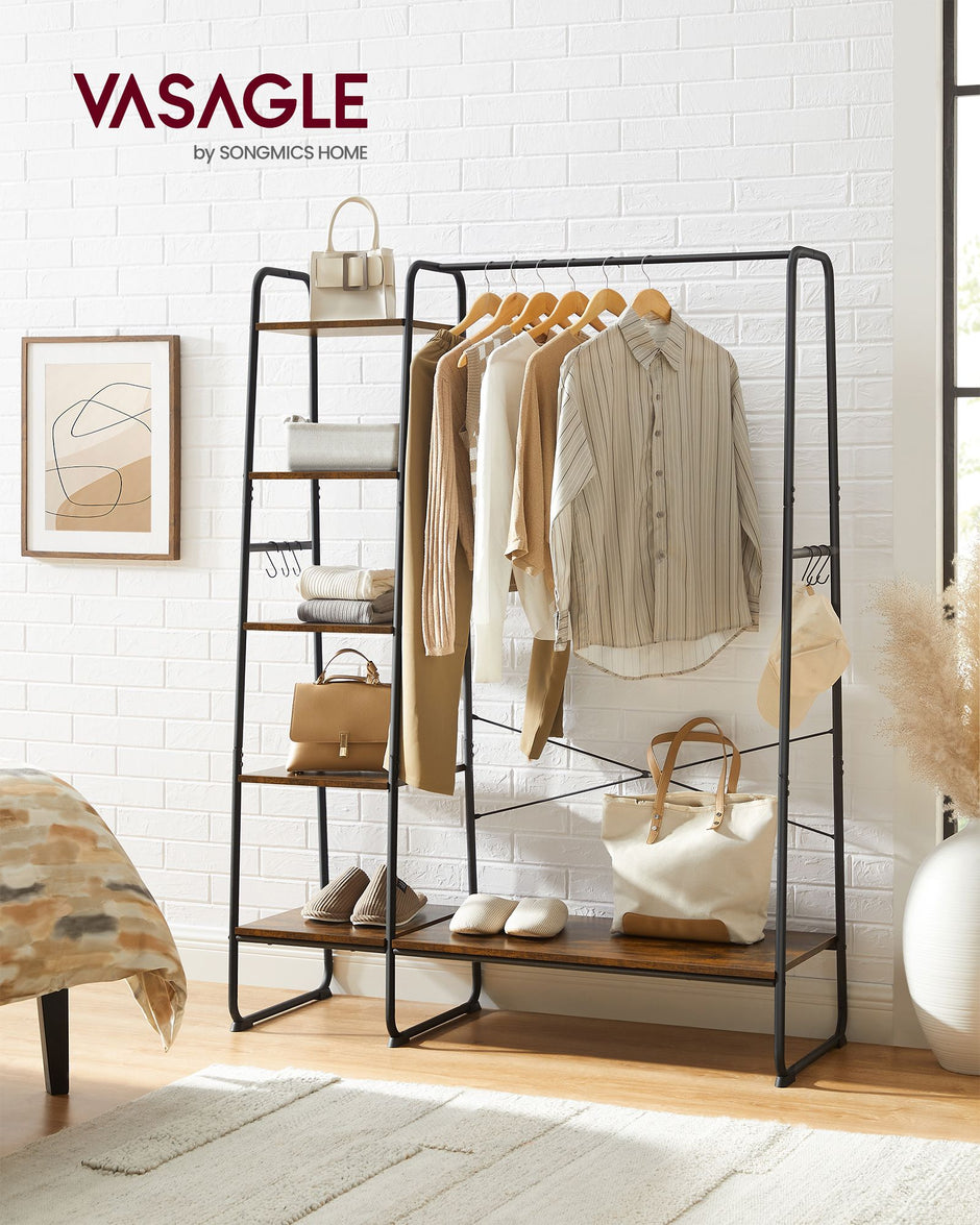 Clothes Rail – Metal and Wood – Rustic Brown and Ink Black – 5-Tier Storage with Shoe Rack and Side Hooks