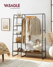 Clothes Rail – Metal and Wood – Rustic Brown and Ink Black – 5-Tier Storage with Shoe Rack and Side Hooks