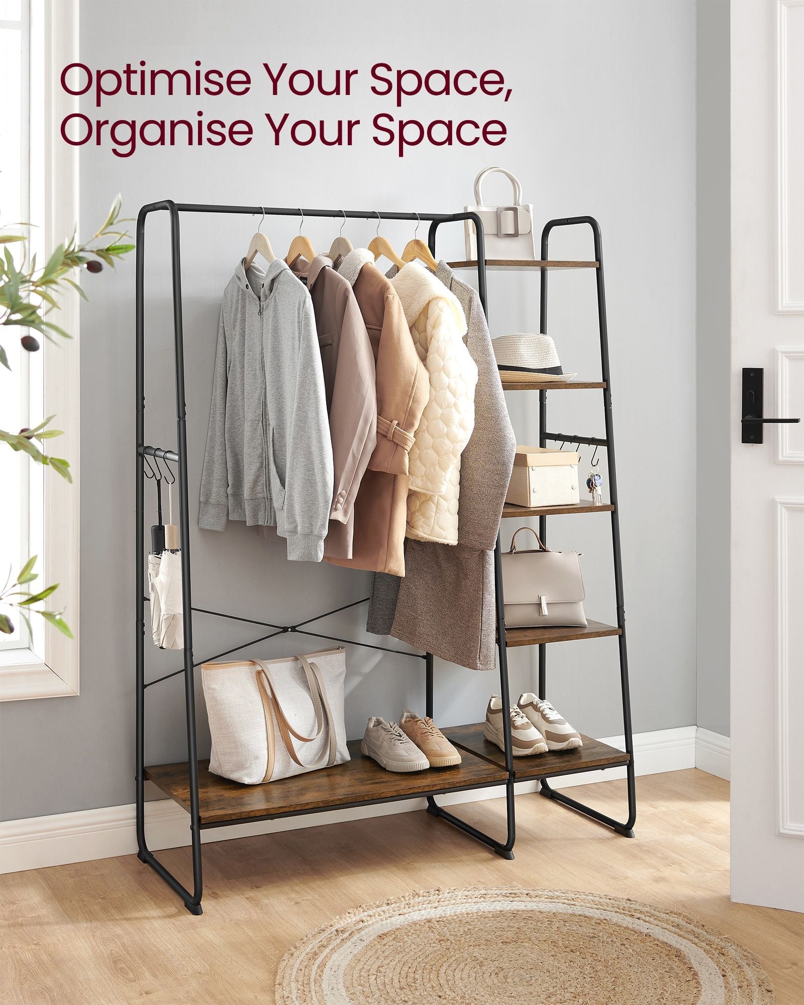Clothes Rail – Metal and Wood – Rustic Brown and Ink Black – 5-Tier Storage with Shoe Rack and Side Hooks