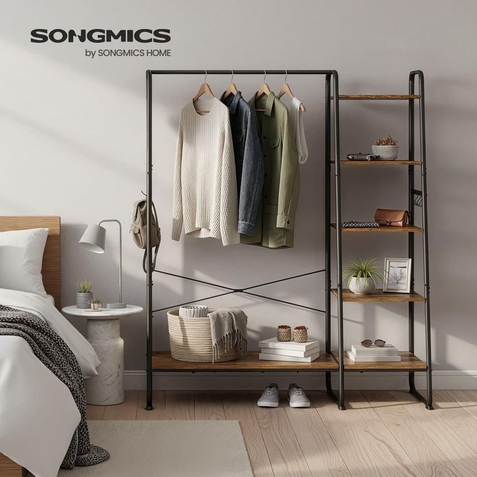 Garment Rack – Metal and Wood – Brown and Black – 5-Tier Shelves and 6 Hooks