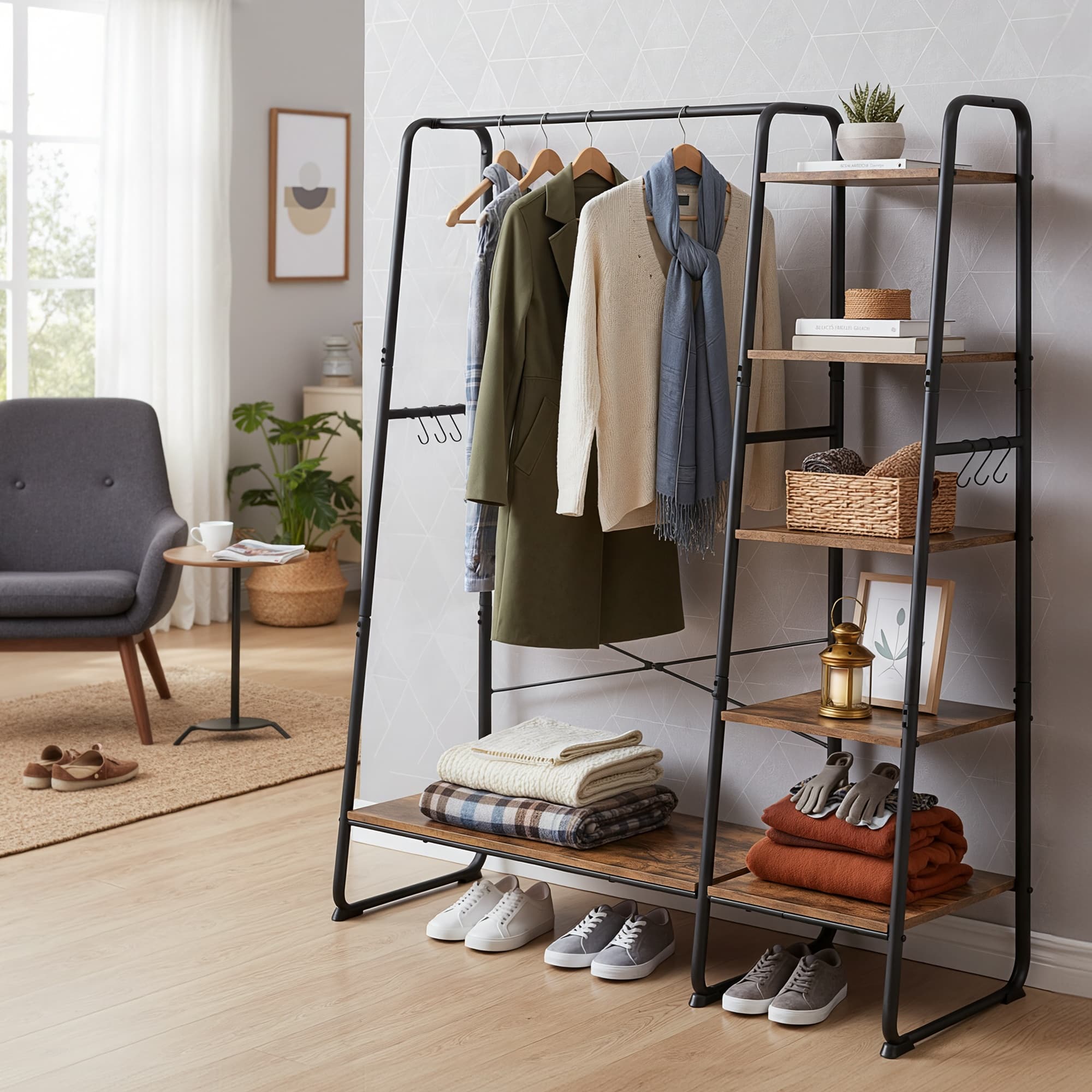 Garment Rack – Metal and Wood – Brown and Black – 5-Tier Shelves and 6 Hooks