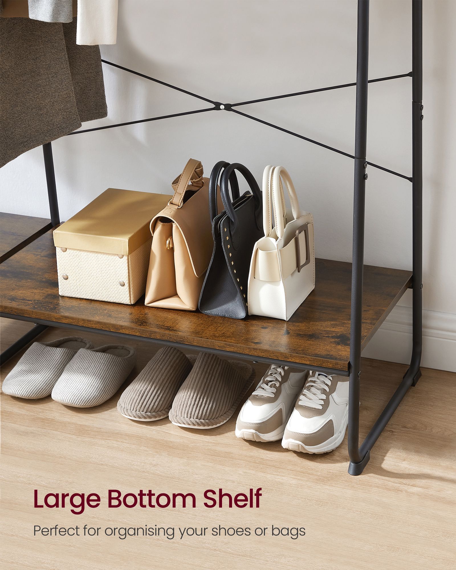 Clothes Rail – Metal and Wood – Rustic Brown and Ink Black – 5-Tier Storage with Shoe Rack and Side Hooks
