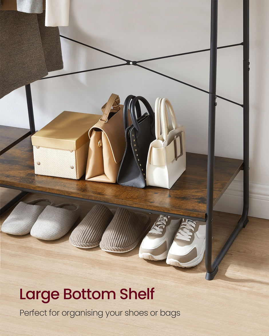 Clothes Rail – Metal and Wood – Rustic Brown and Ink Black – 5-Tier Storage with Shoe Rack and Side Hooks