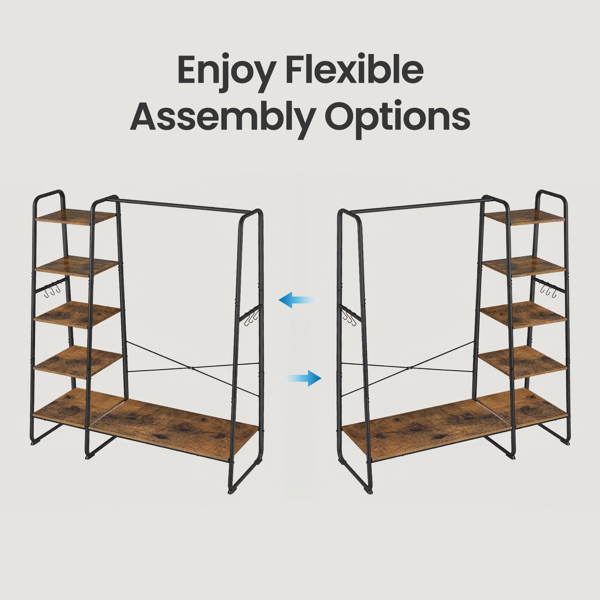 Garment Rack – Metal and Wood – Brown and Black – 5-Tier Shelves and 6 Hooks