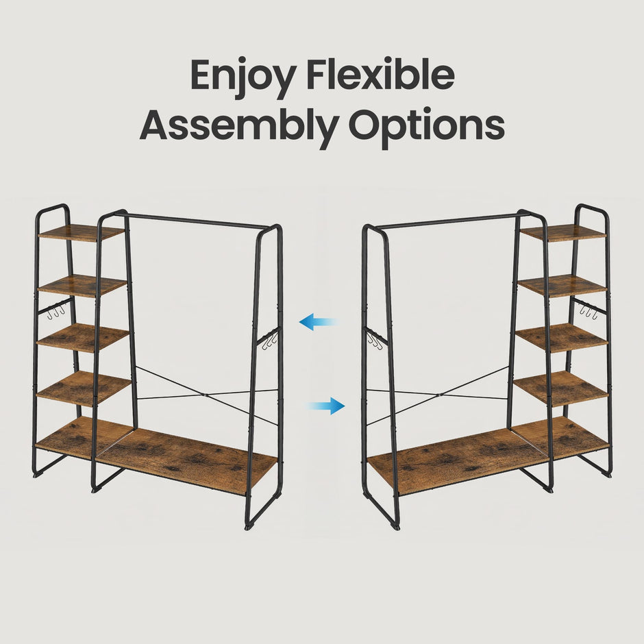 Garment Rack – Metal and Wood – Brown and Black – 5-Tier Shelves and 6 Hooks