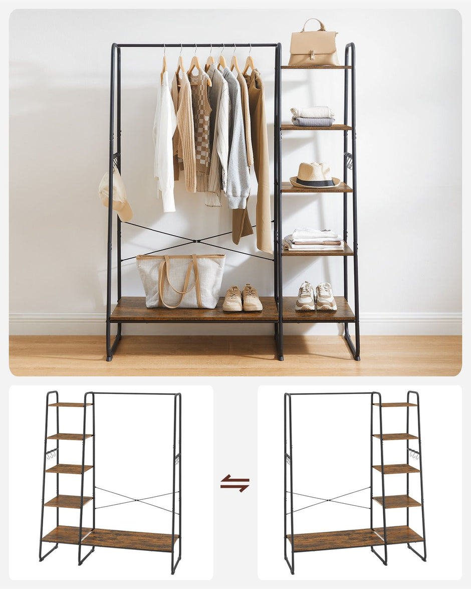 Clothes Rail – Metal and Wood – Rustic Brown and Ink Black – 5-Tier Storage with Shoe Rack and Side Hooks