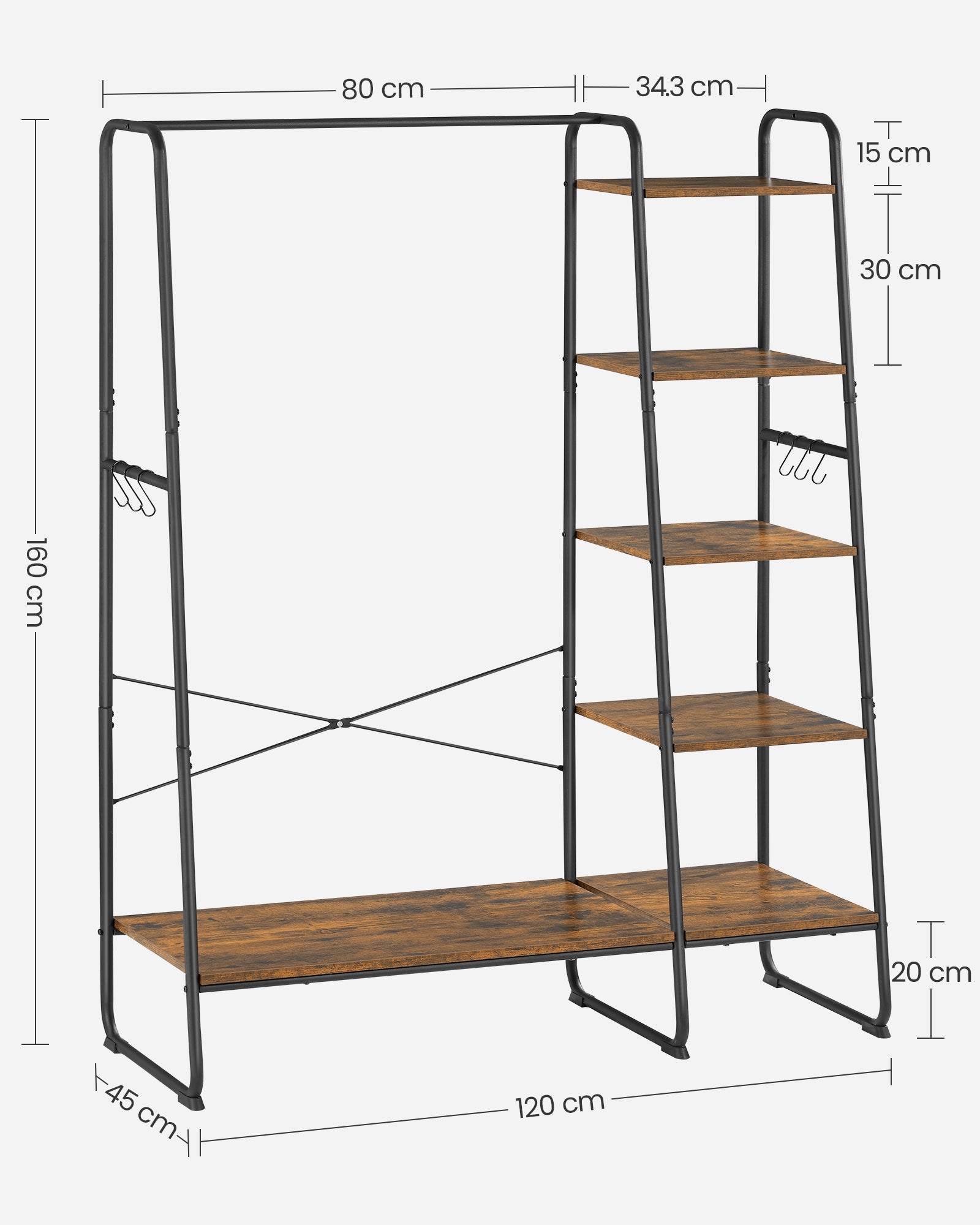 Clothes Rail – Metal and Wood – Rustic Brown and Ink Black – 5-Tier Storage with Shoe Rack and Side Hooks