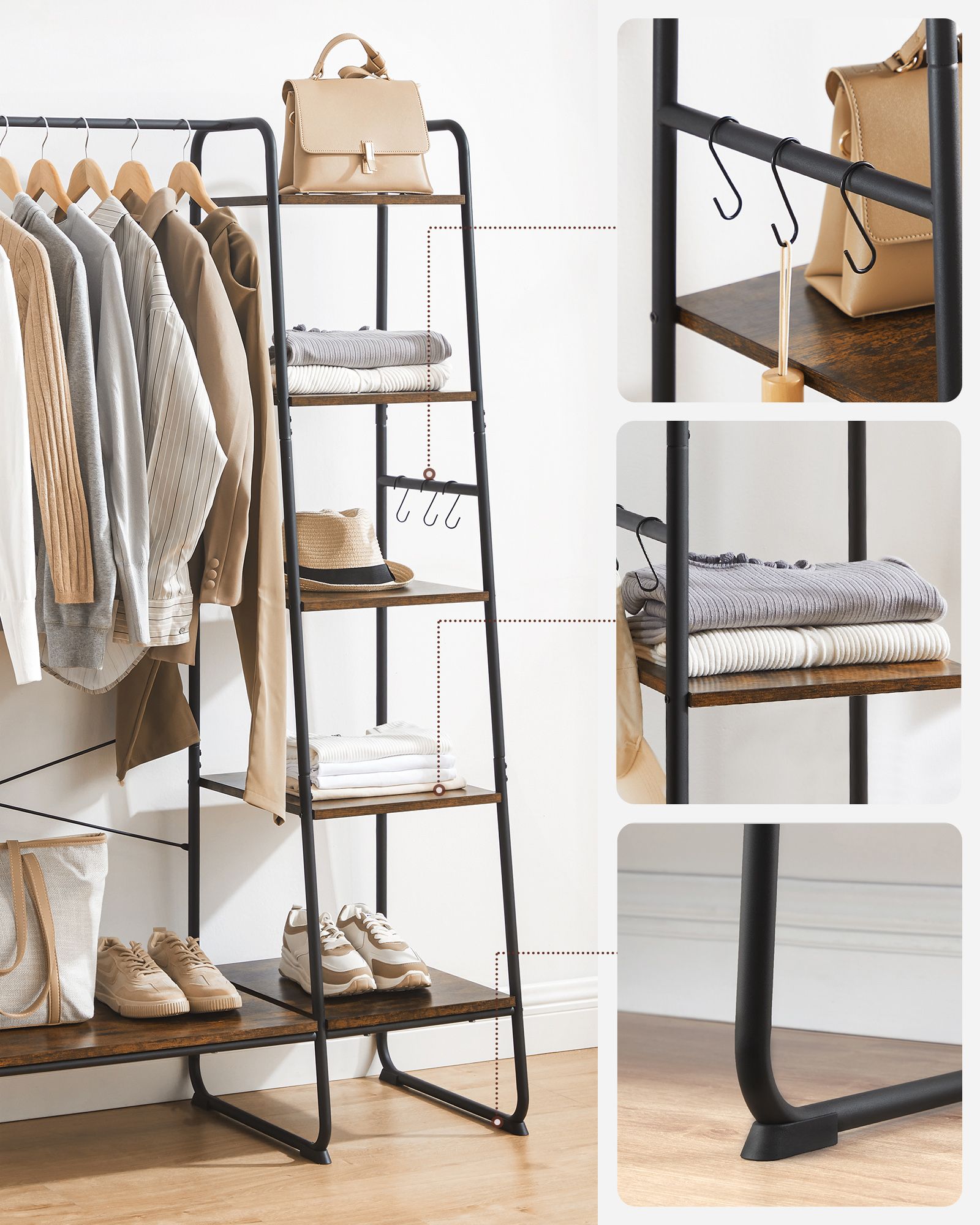 Clothes Rail – Metal and Wood – Rustic Brown and Ink Black – 5-Tier Storage with Shoe Rack and Side Hooks
