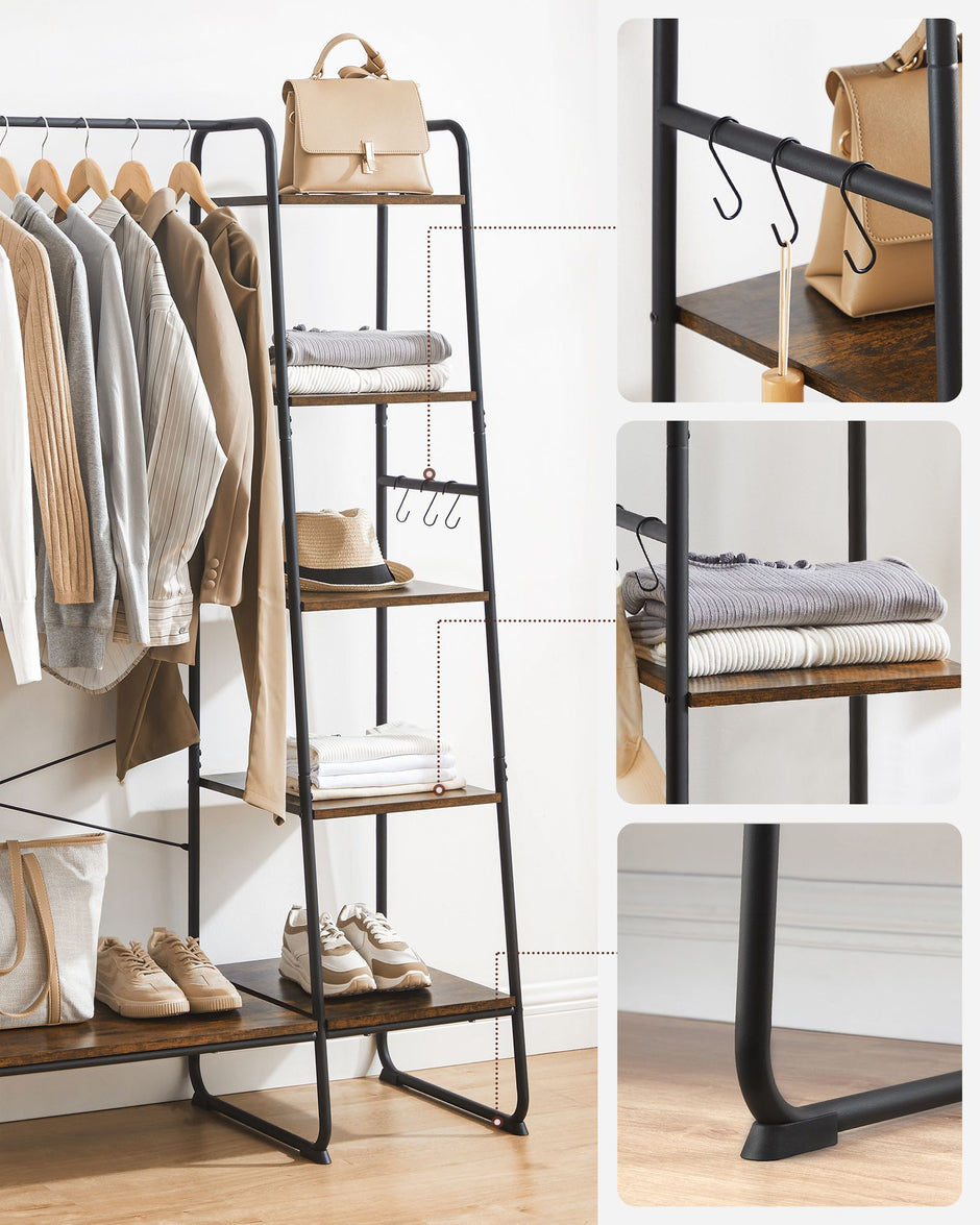 Clothes Rail – Metal and Wood – Rustic Brown and Ink Black – 5-Tier Storage with Shoe Rack and Side Hooks