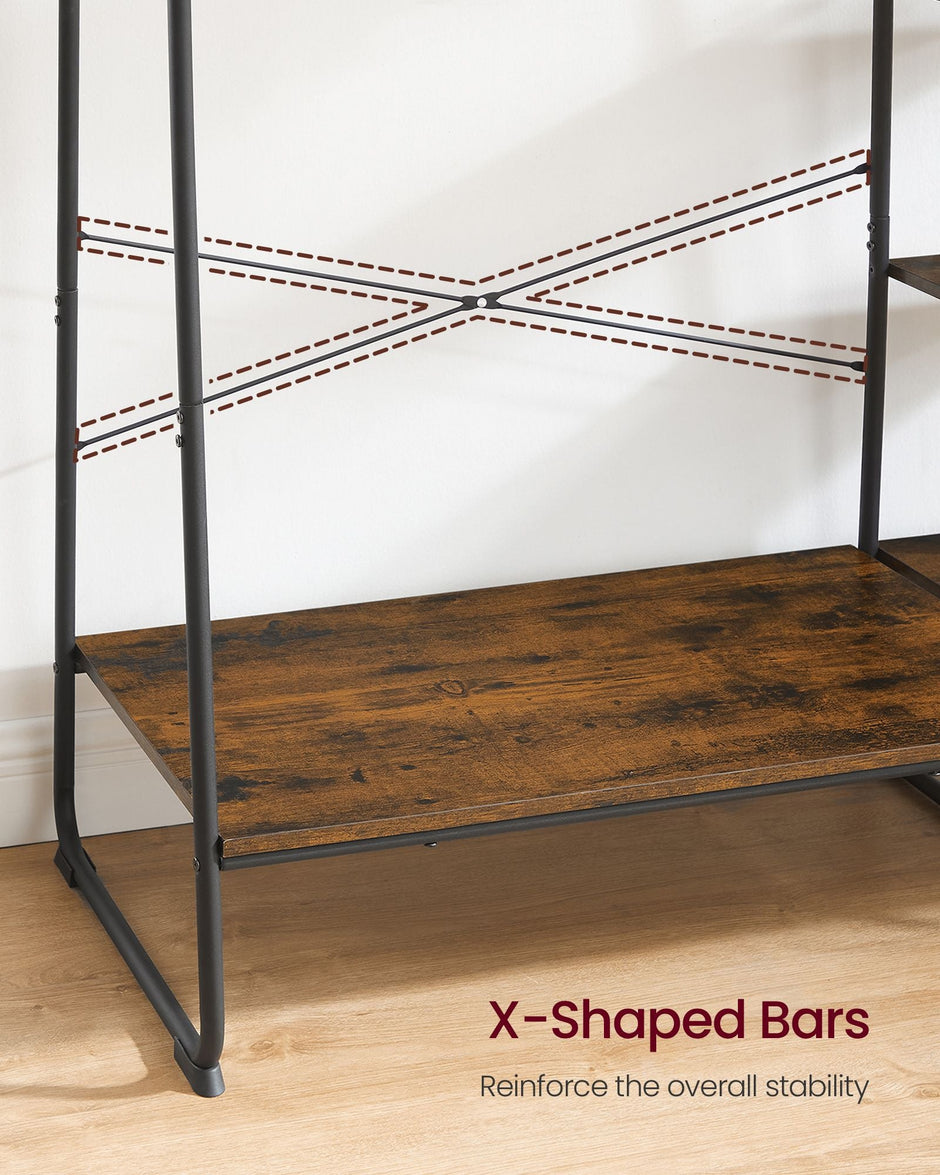 Clothes Rail – Metal and Wood – Rustic Brown and Ink Black – 5-Tier Storage with Shoe Rack and Side Hooks
