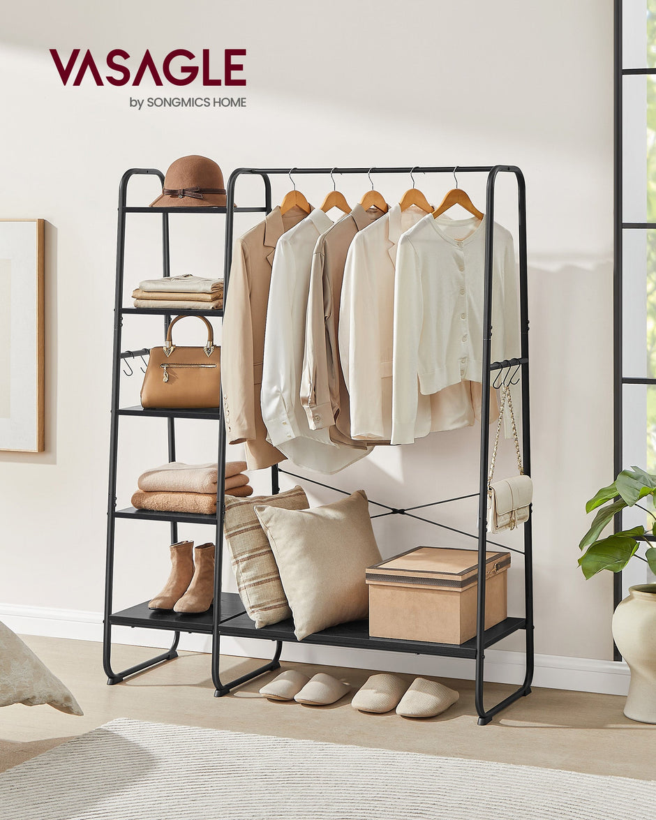 Clothes Rack – Metal – Ebony Black and Matte Black – 5-Tier Storage with Shoe Shelf and 6 Side Hooks