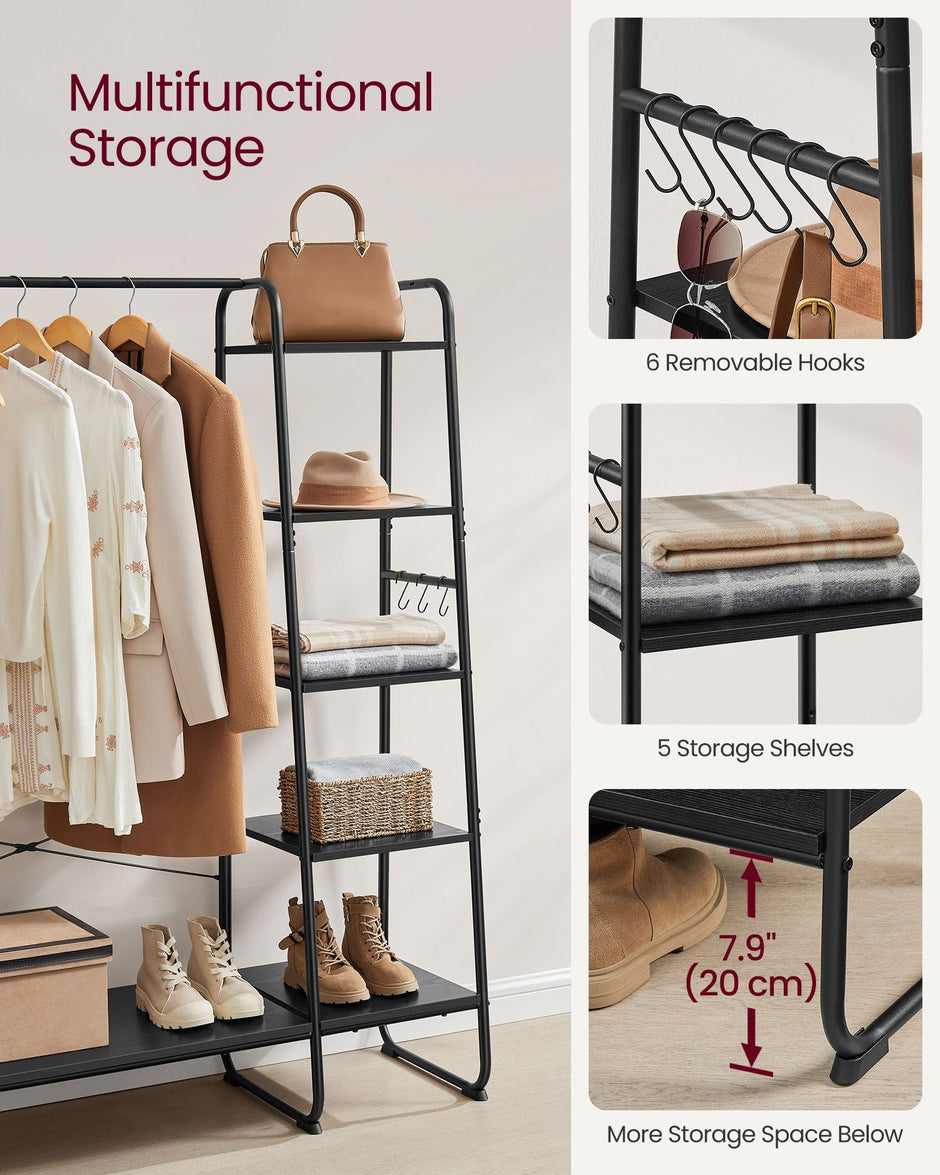 Clothes Rack – Metal – Ebony Black and Matte Black – 5-Tier Storage with Shoe Shelf and 6 Side Hooks