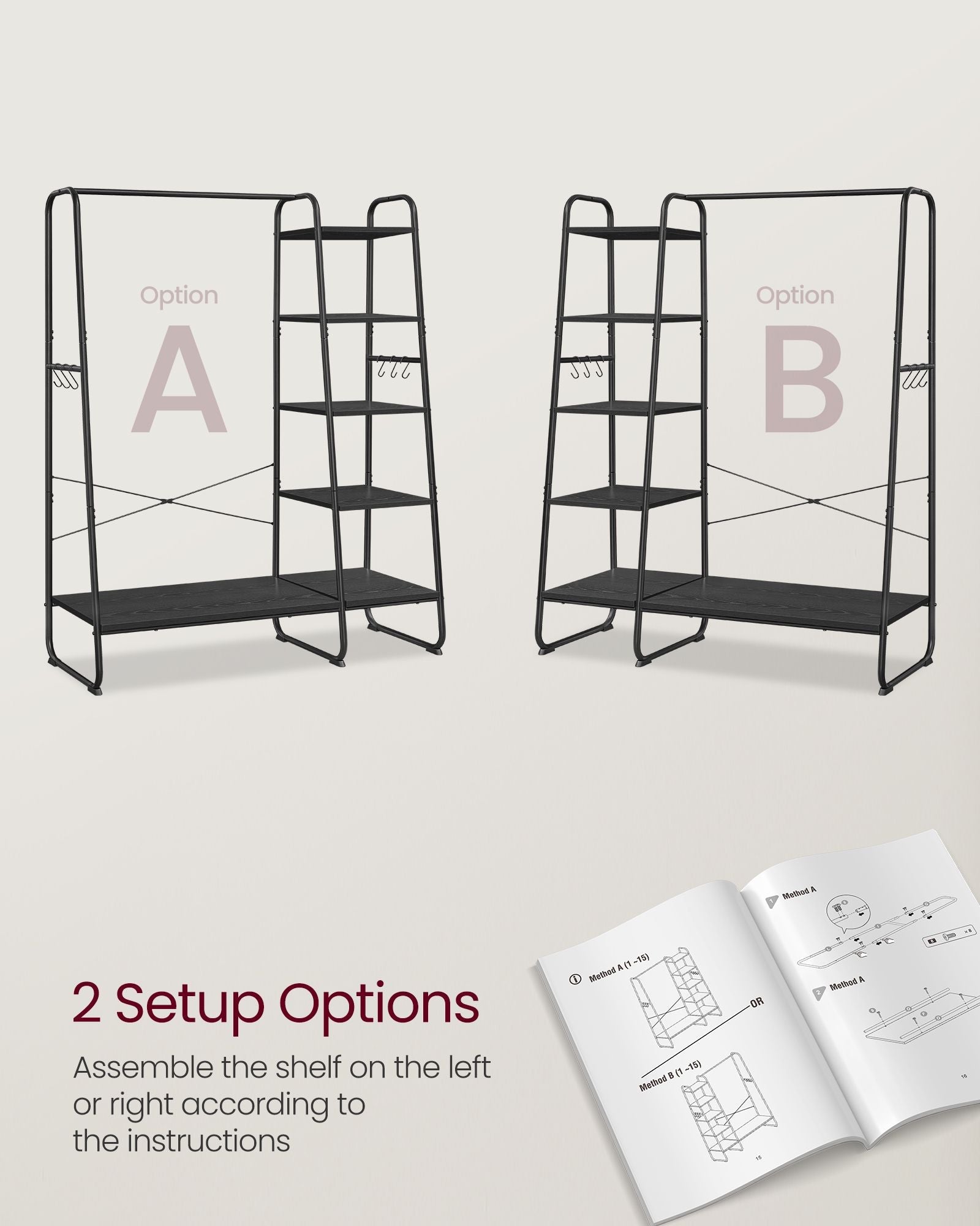 Clothes Rack – Metal – Ebony Black and Matte Black – 5-Tier Storage with Shoe Shelf and 6 Side Hooks