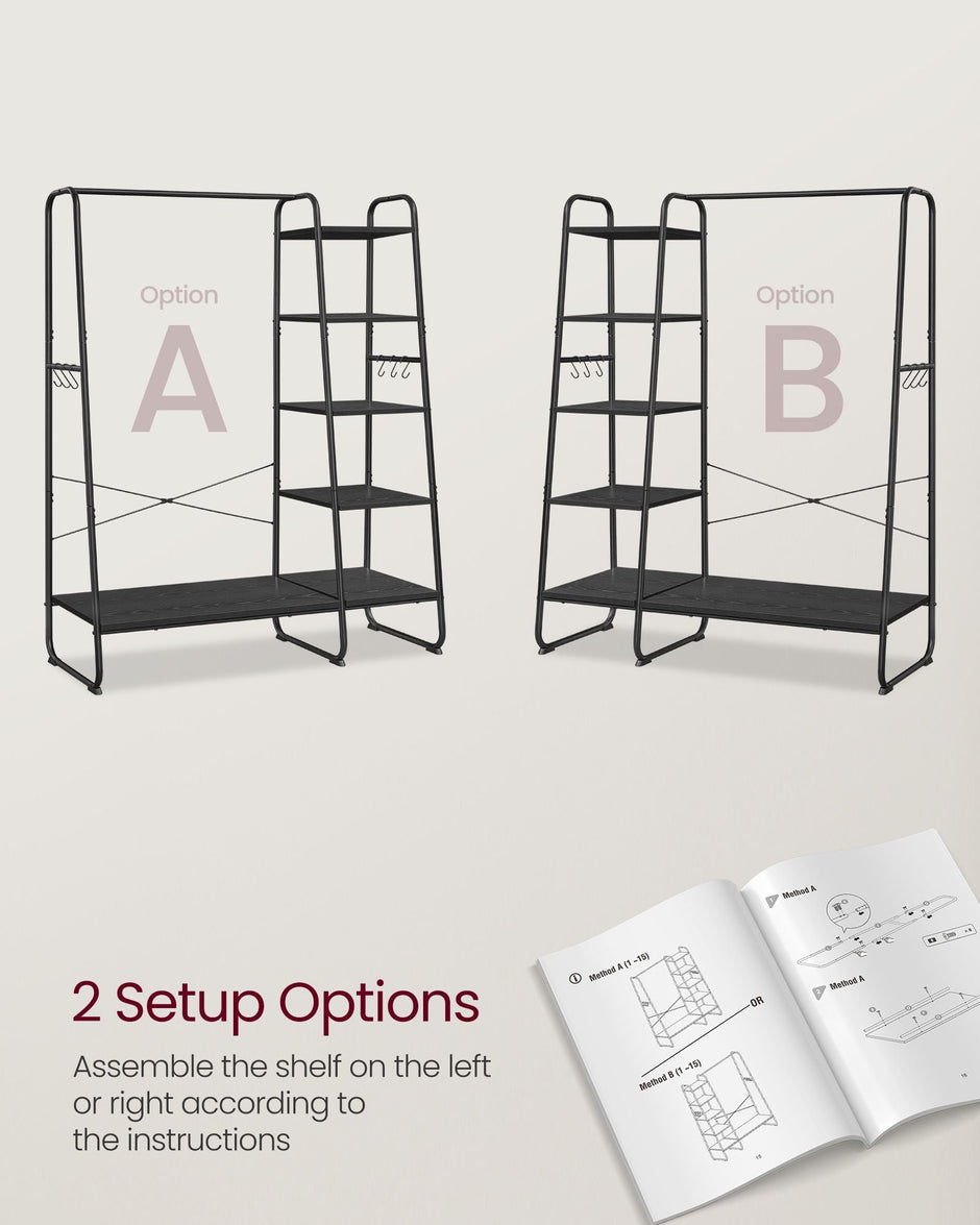 Clothes Rack – Metal – Ebony Black and Matte Black – 5-Tier Storage with Shoe Shelf and 6 Side Hooks